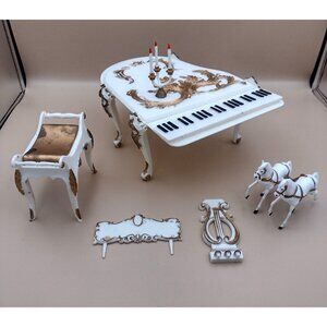 Vintage 1970s White & Gold Grand Piano Cake Decorating Set Candleholder Horses